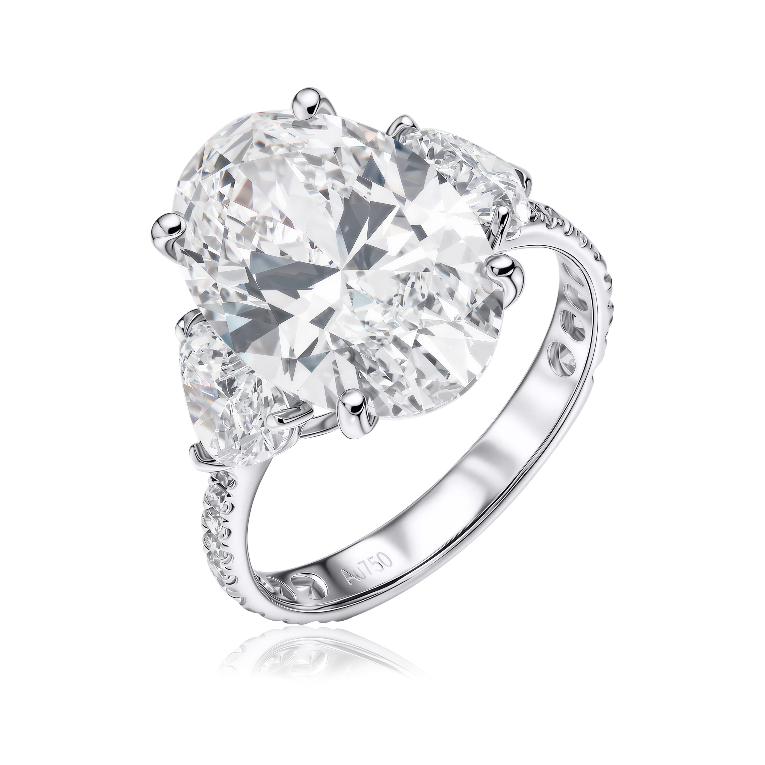 Three-Stones Lab Diamond Ring Oval with Heart & Pave Three-Stones Lab Diamond Ring Oval with Heart & Pave