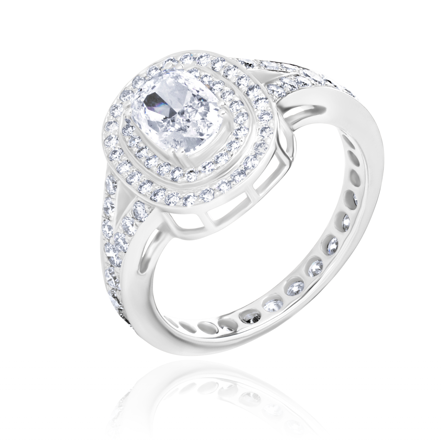 Double Halo Lab Diamond Ring Elongated Cushion with Pave Double Halo Lab Diamond Ring Elongated Cushion with Pave