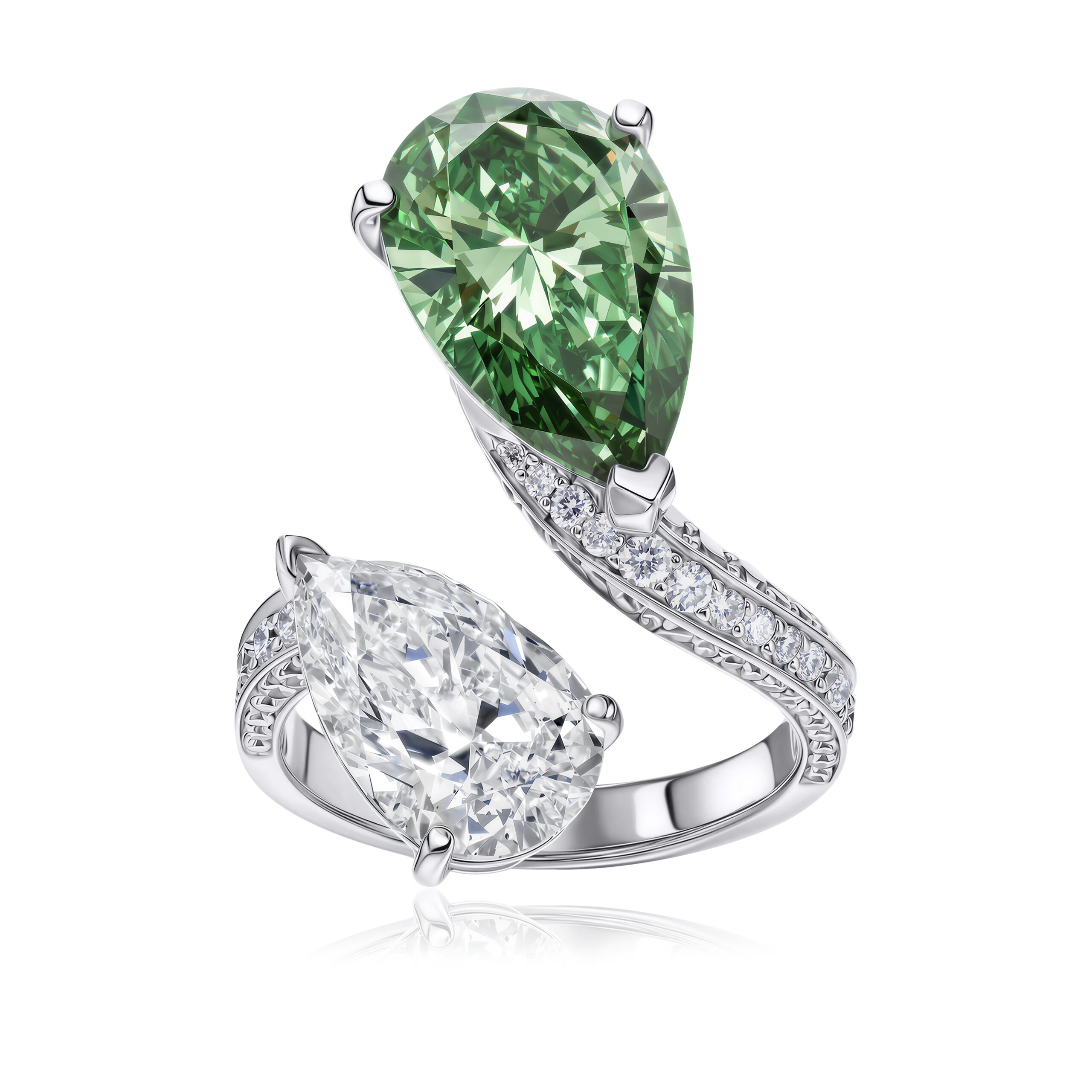 Two-Stone Open Lab Diamond Ring Fancy Green Pear Two-Stone Open Lab Diamond Ring Fancy Green Pear