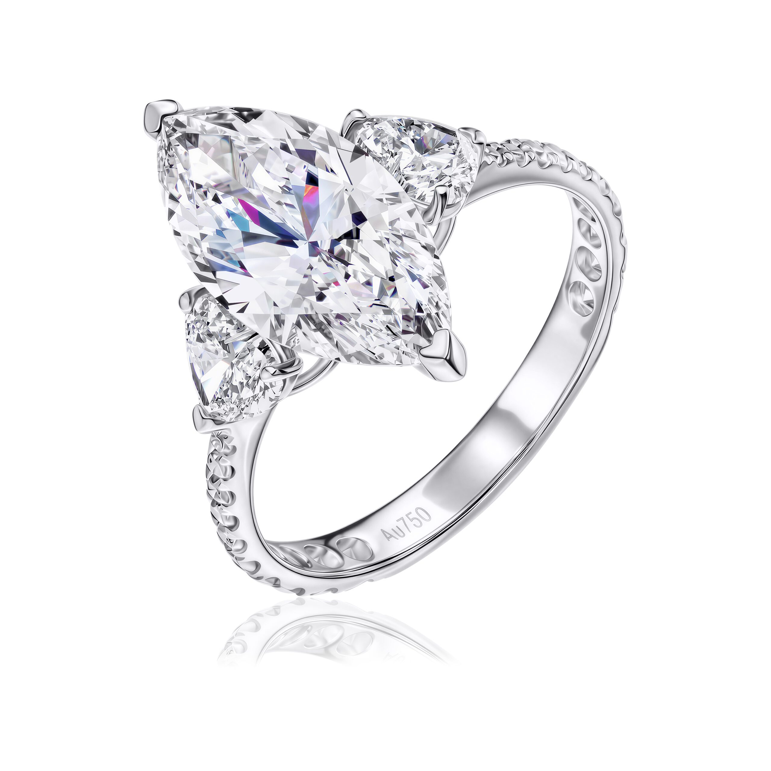 Marquise Lab Grown Diamond Three Stone Engagement Ring with Heart Side Stones & Pavé